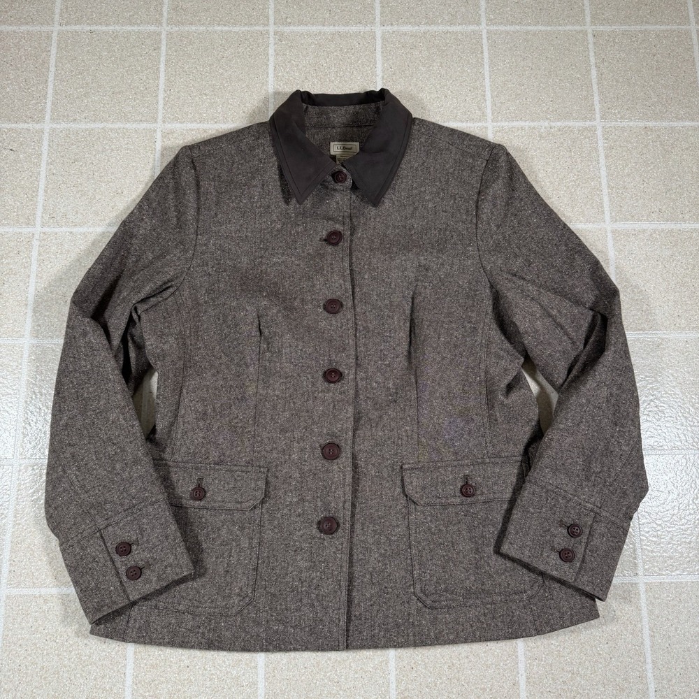 LL Bean Jacket Womens 14 Brown Wool Blend Suede Collar Button Up Blazer Classic